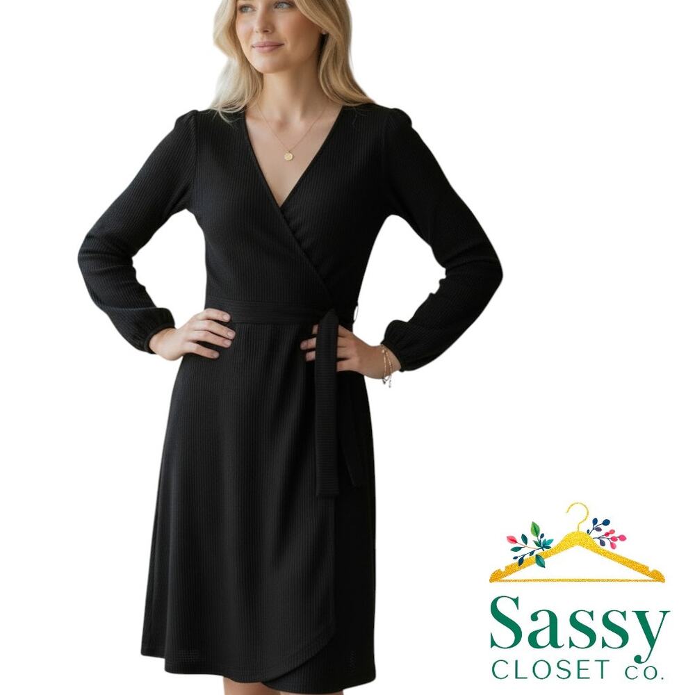 MADEWELL Black Faux Wrap V-Neck Blouson Sleeve Midi Dress S EUC